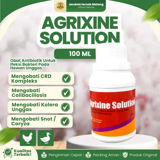 AGRIXINE SOLUTION 100 ML – Ampuh Untuk CRD, Snot, Pilek, Korisa, Kolera Pada Unggas.