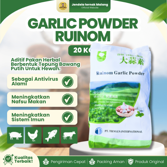 RUINOM GARLIC PORDER 1 SAK 20 KG - Premix Ayam Herbal Tepung Bawang Putih Hewan - Feed Additive Hewan Ayam Sapi Kambing Ikan