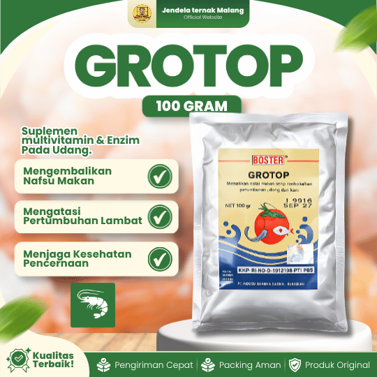 GROTOP 100 GRAM - Suplemen Untuk Menaikkan Nafsu Makan Dan Mengatasi Pertumbuhan Udang Terlambat.