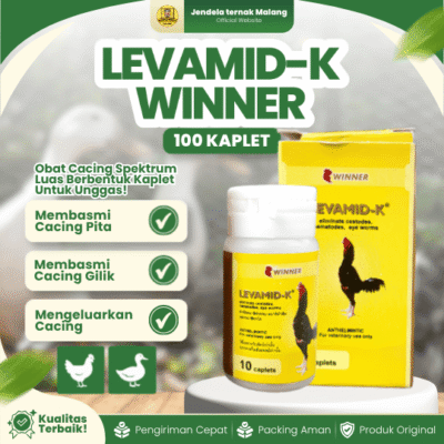 LEVAMID-K WINNER 1 BOTOL ISI 10 KAPLET BY MEDION – Obat Cacingan Ayam & Unggas.