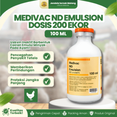 MEDIVAC ND EMULSION 100 ML DOSIS 200 EKOR – Vaksin Unggas Tetelo Serta Cacat Pada Telur.