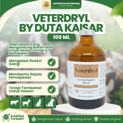 VETERDRYL 100 ML DUTA KAISAR – Anti Kolik, Alergi, Mabuk, Dan Terapi Tambahan Pada Hewan.